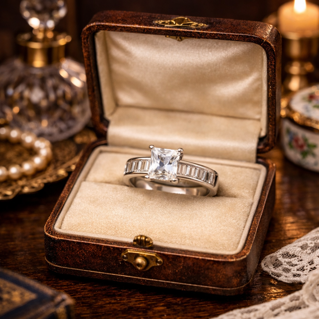 925 Sterling Silver Princess Cut Cubic Zirconia Ring with Baguette Accents Size 9.75 | Elegant Cocktail Ring