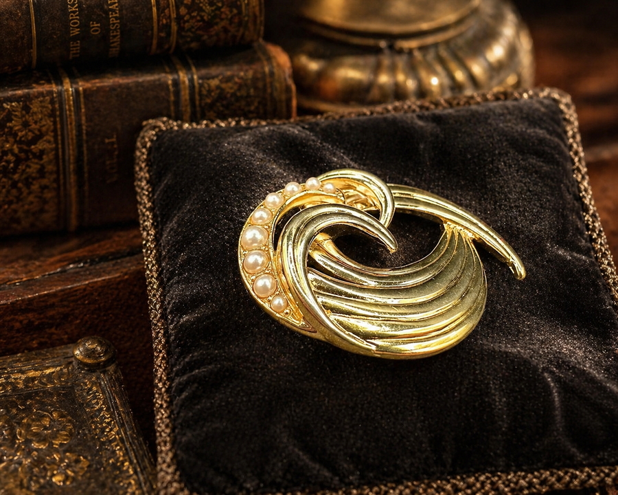 Gold-tone openwork swirl brooch with graduated pearl-style beads