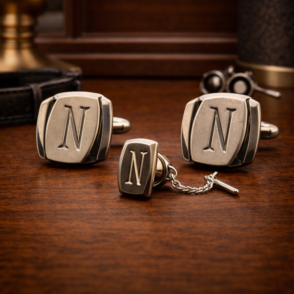 Vintage silver tone monogram N cufflinks and tie tack set with engraved initial and chain back