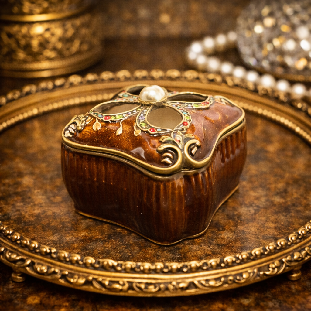 Mahogany tone enameled trinket box with jeweled quatrefoil lid and pearl accent