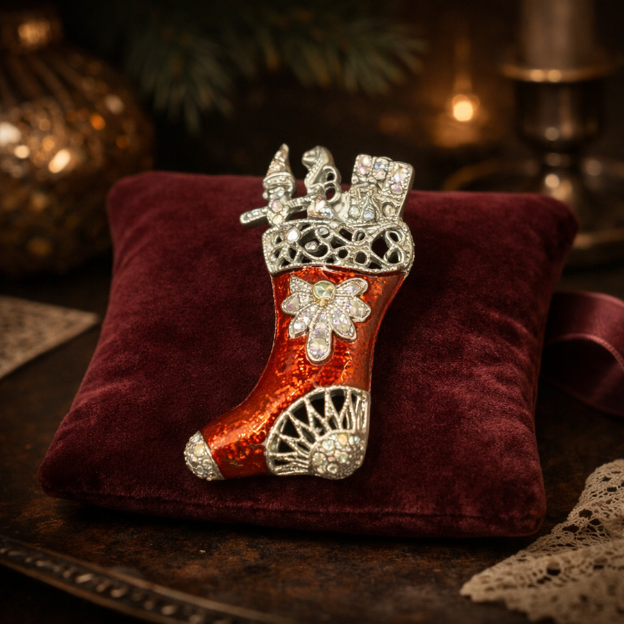 Red enamel Christmas stocking brooch with rhinestones and silver-tone detailing