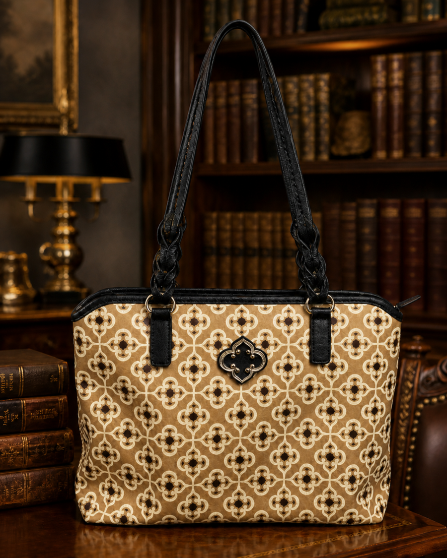 Brighton brown patterned coated canvas tote with black braided straps