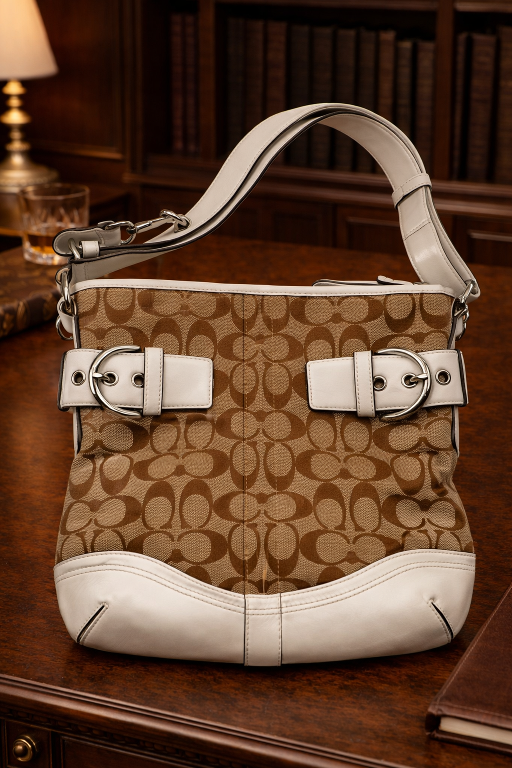 Coach Soho khaki signature canvas shoulder bag with white leather trim and buckle flap