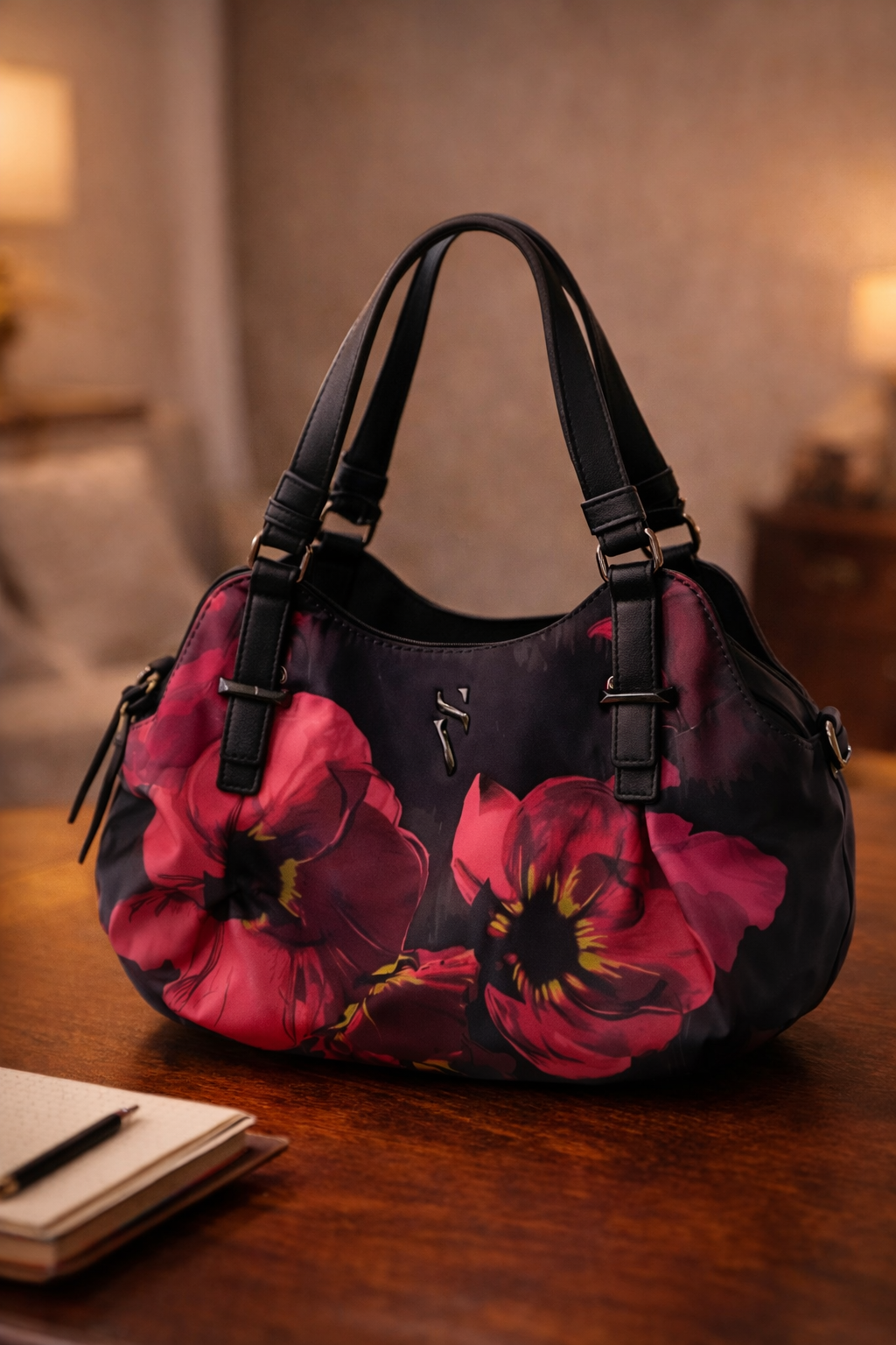 Black hobo shoulder bag with large pink flower print