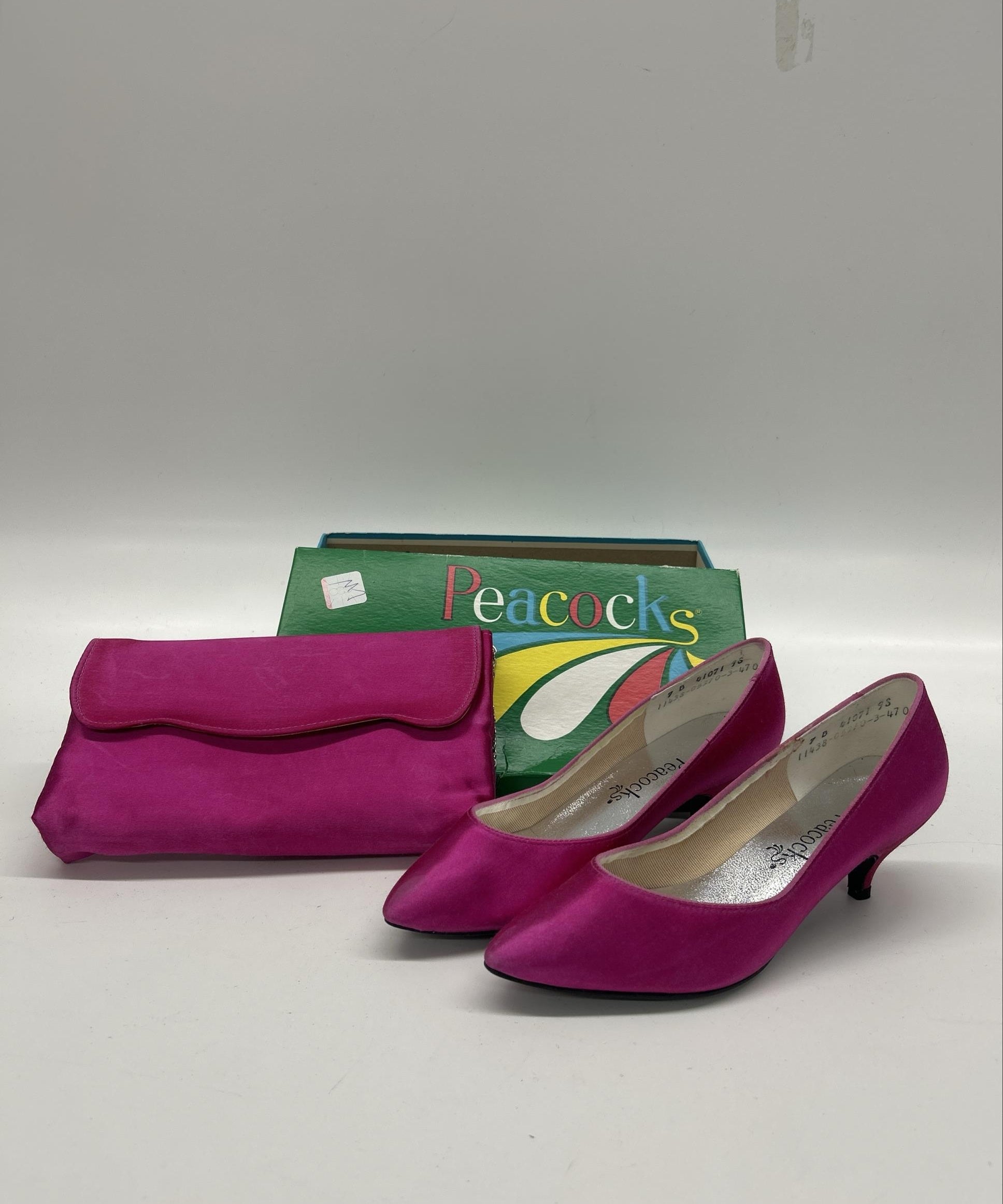 Peacocks Fuchsia Satin Heels & Matching Evening Clutch – Size 7B