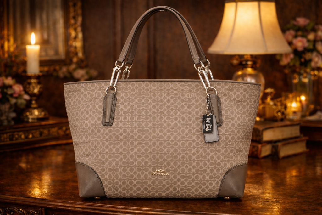 Coach Gray Signature Canvas Tote | Leather Trim Shoulder Bag Silver Hardware Classic Coach