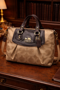 Coach Madison Audrey Satchel Op Art Sateen Monogram Beige Brown Leather Trim Handbag