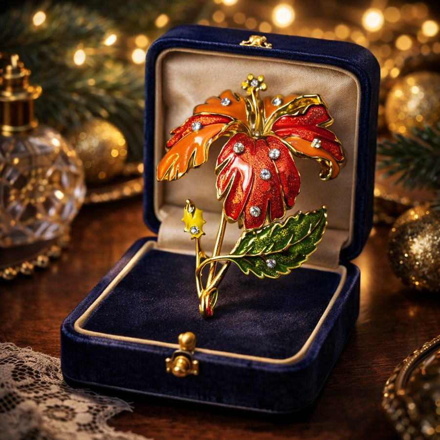 1994 Barrera for Avon Hibiscus Brooch Large Enamel Flower Pin Gold Tone Rhinestone Statement Brooch