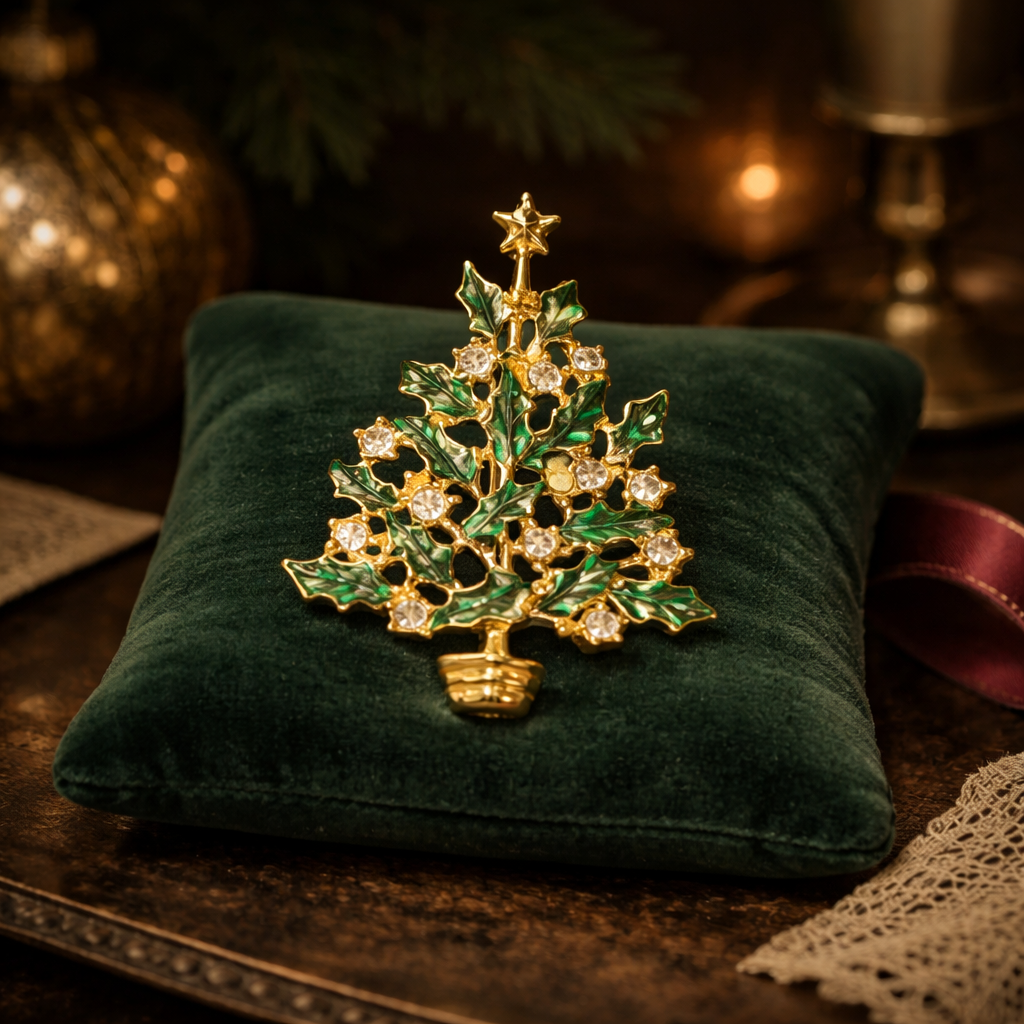 Gold-tone Christmas tree brooch with green enamel leaves, clear rhinestones and star top