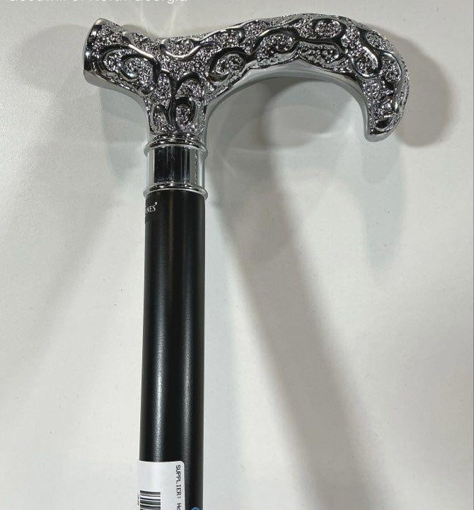 Royal Canes Black Walking Stick with Ornate Silver Tone Handle | Decorative Cane