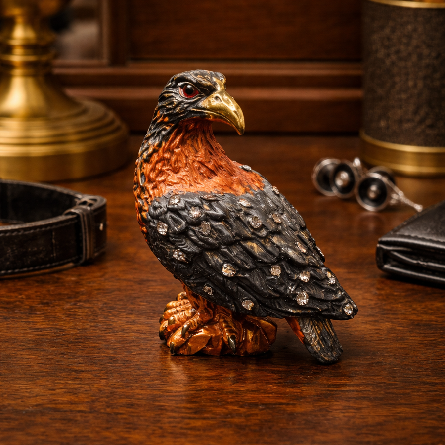 Blue and brown metal eagle trinket box with hinged body and magnetic catch