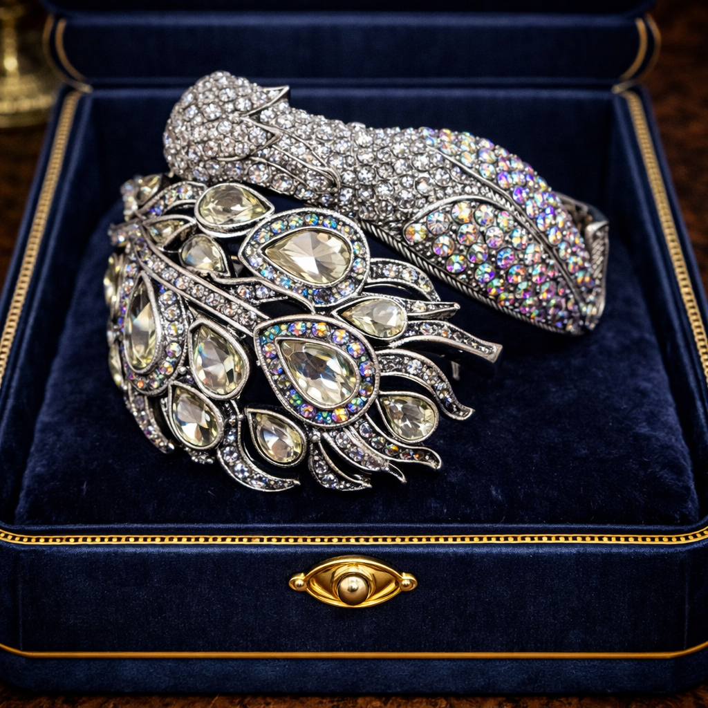 Bird of Paradise Peacock Hinged Cuff Bracelet Silver Tone Iridescent Rhinestones Statement Animal Cuff Vintage Glam Style