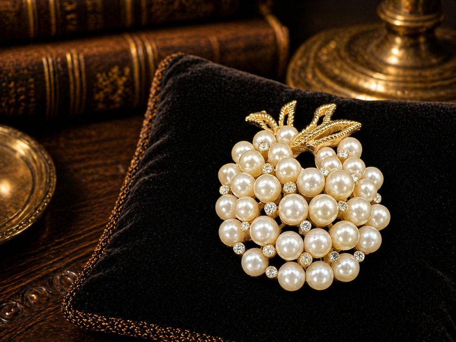 Gold-tone grape cluster brooch with pearl-style beads, clear crystals and textured leaf