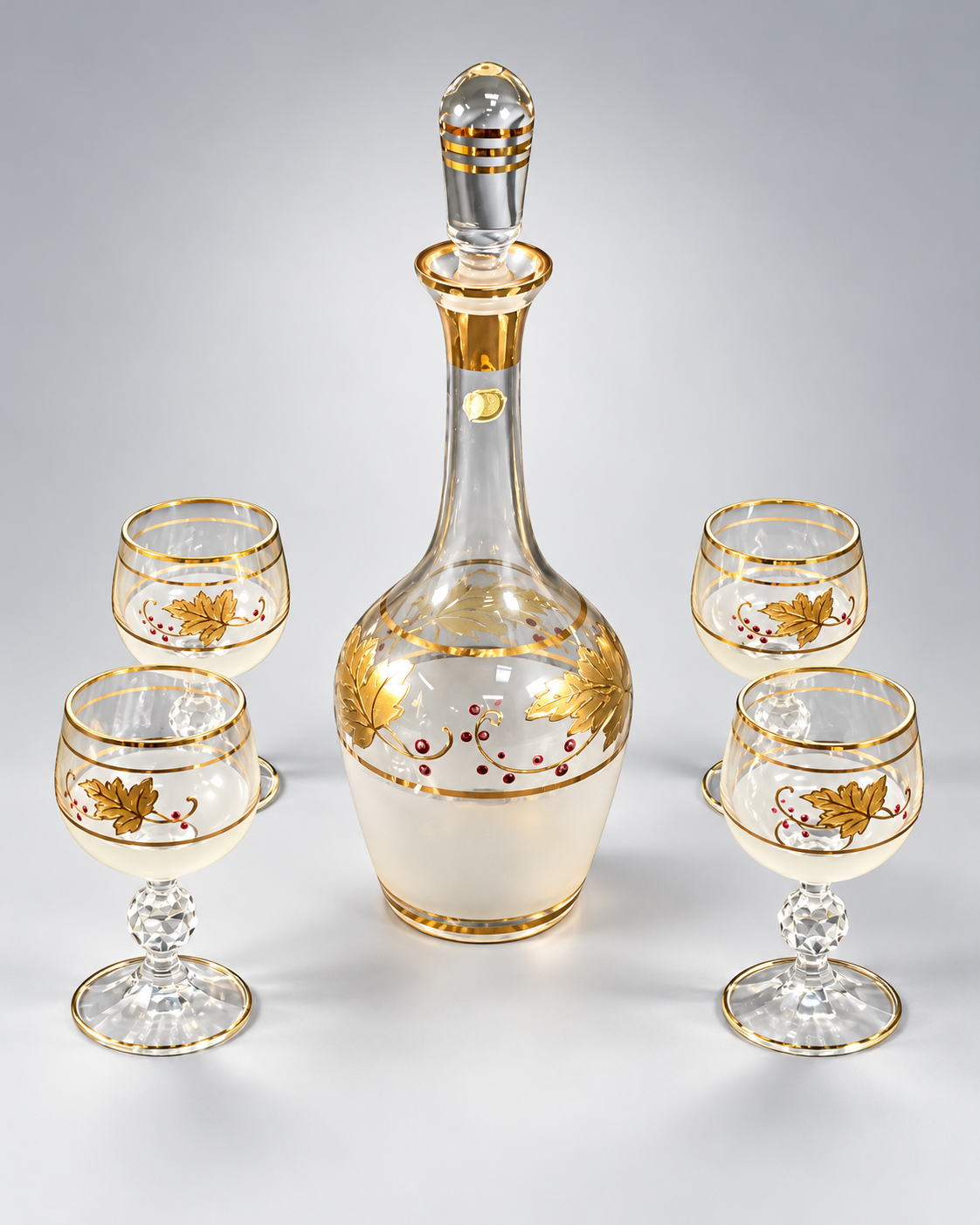 Frosted glass decanter and four cordial glasses with gold grape leaves and purple berries, view 2