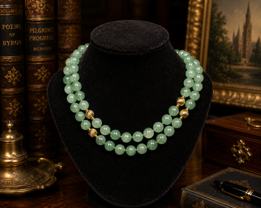 Green aventurine-style double strand bead necklace with gold-tone accents
