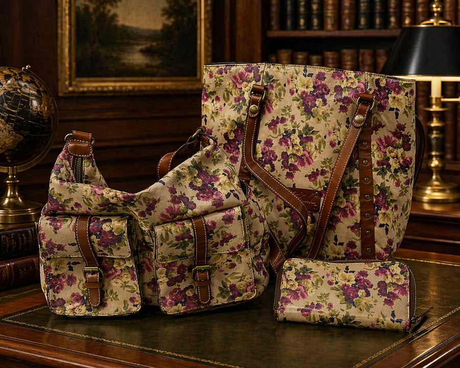 Three-piece floral print bag set with tote, crossbody satchel and zip wallet with leather trim