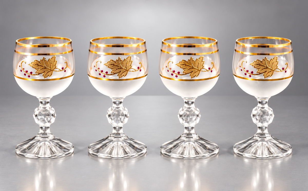Frosted glass decanter and four cordial glasses with gold grape leaves and purple berries, view 3