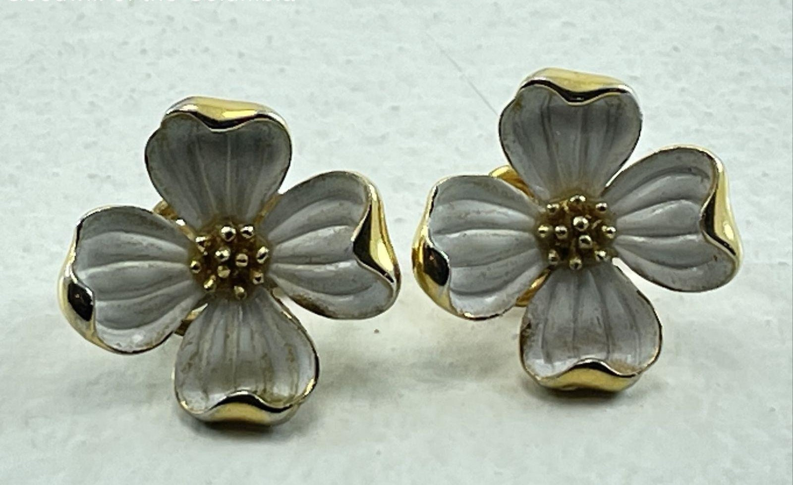 Vintage Crown Trifari White Enamel Dogwood Clip On Earrings Brooch