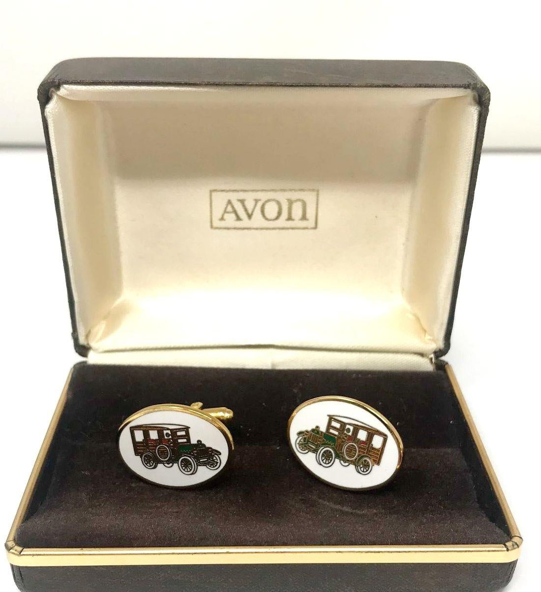 Vintage Signed Avon Oval Enamel Classic Car Gold Tone Cufflinks In Box