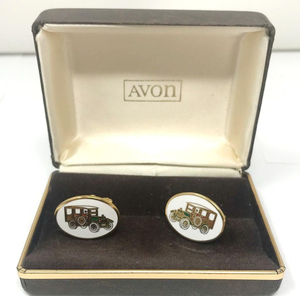 Vintage Signed Avon Oval Enamel Classic Car Gold Tone Cufflinks In Box