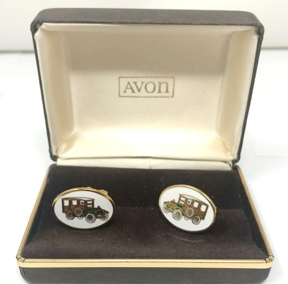 Vintage Signed Avon Oval Enamel Classic Car Gold Tone Cufflinks In Box