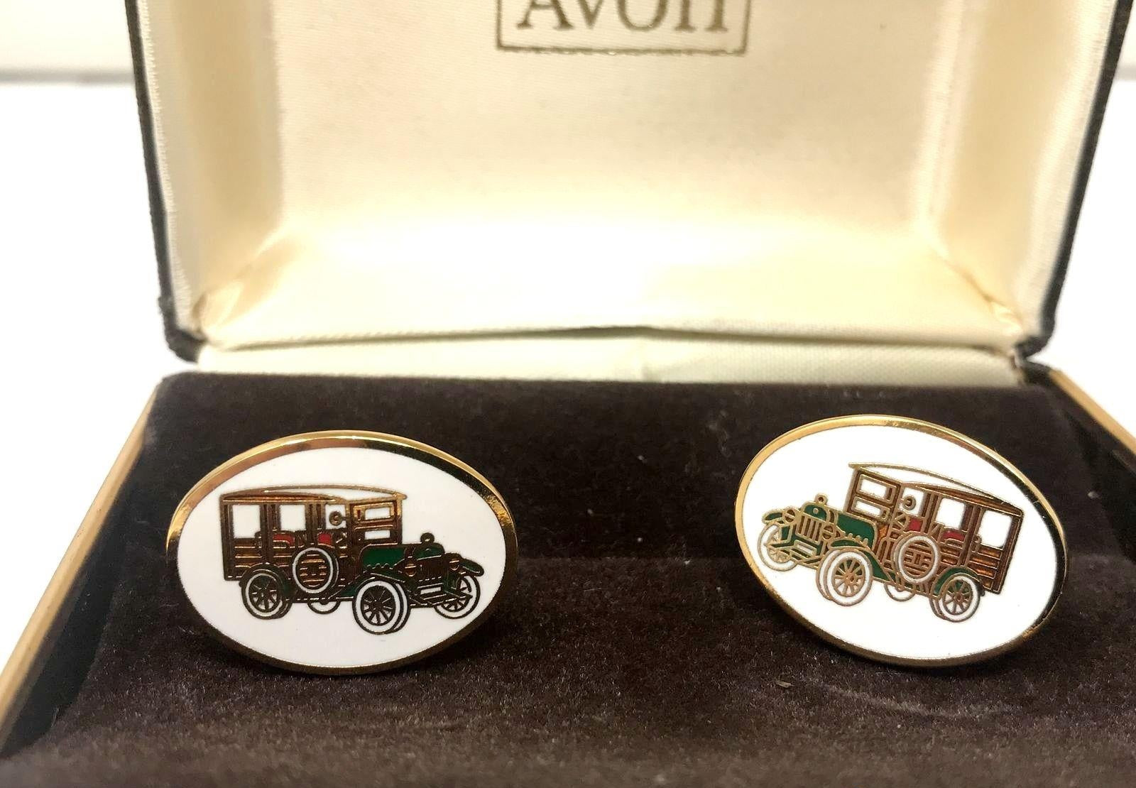 Vintage Signed Avon Oval Enamel Classic Car Gold Tone Cufflinks In Box