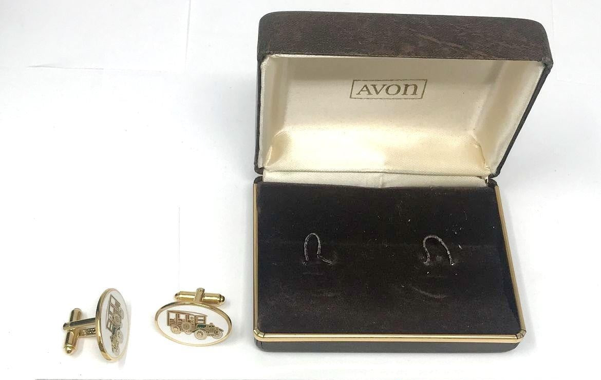 Vintage Signed Avon Oval Enamel Classic Car Gold Tone Cufflinks In Box