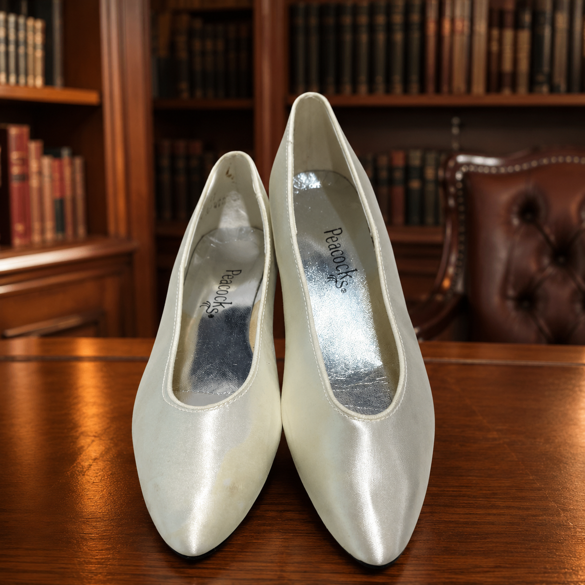 Peacocks ivory pointed-toe slip-on low heels with pearly sheen