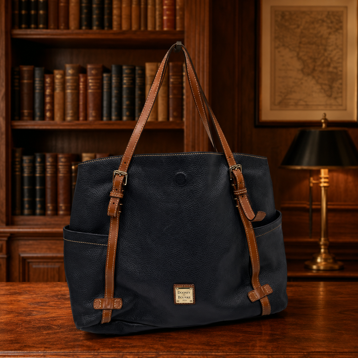Dooney and Bourke Navy Pebbled Leather Large Tote Shoulder Bag | Classic Leather Carryall