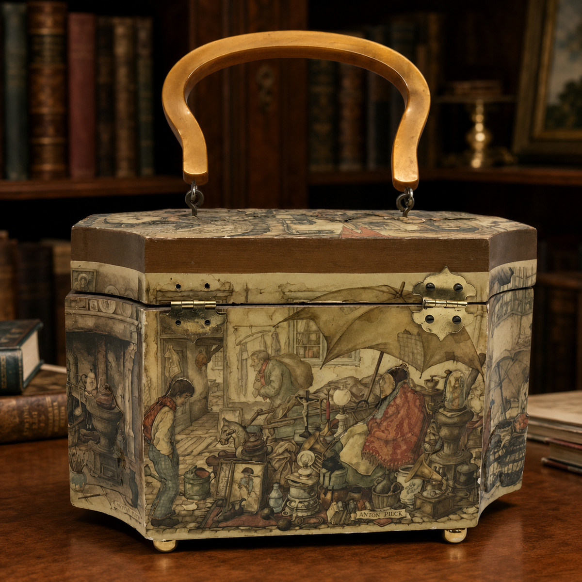 Hard-sided wooden box purse with decoupage storybook scenes and curved wood handle