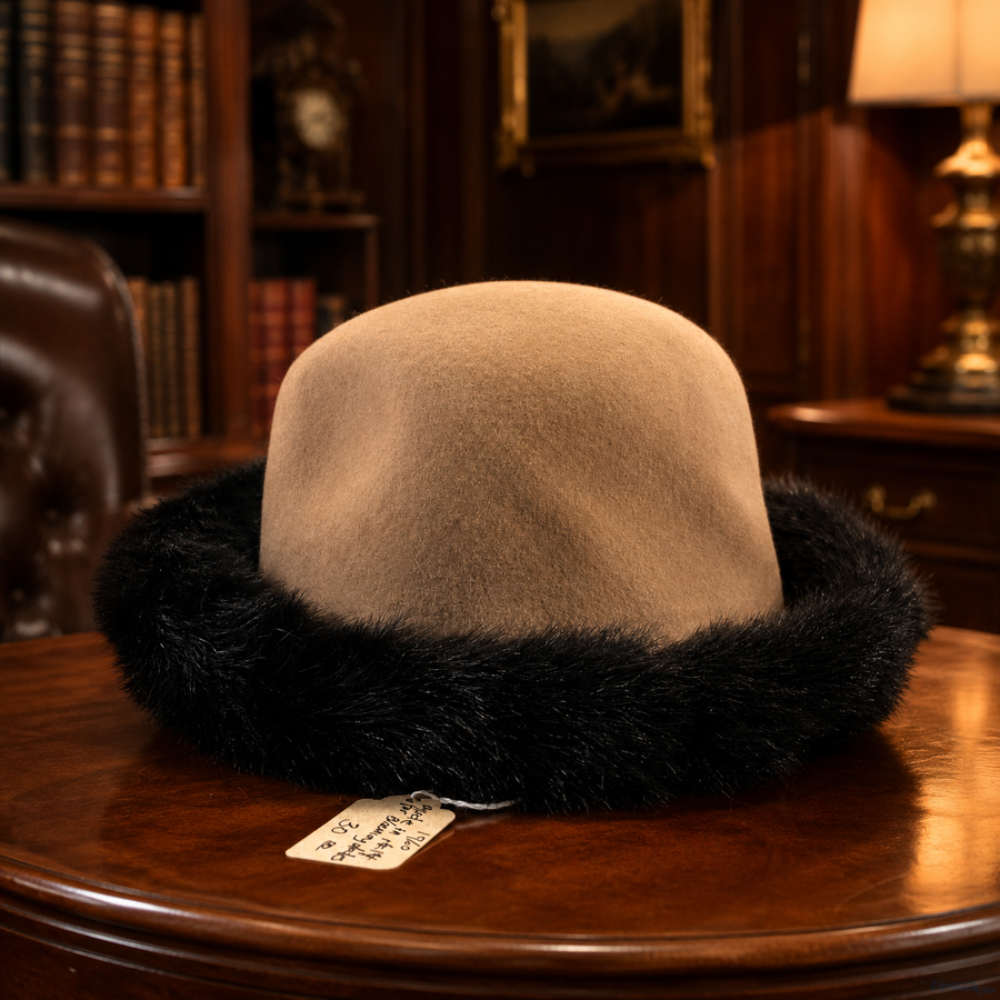 Bloomingdale's tan hat with rounded crown and dark faux fur trim, made in Italy
