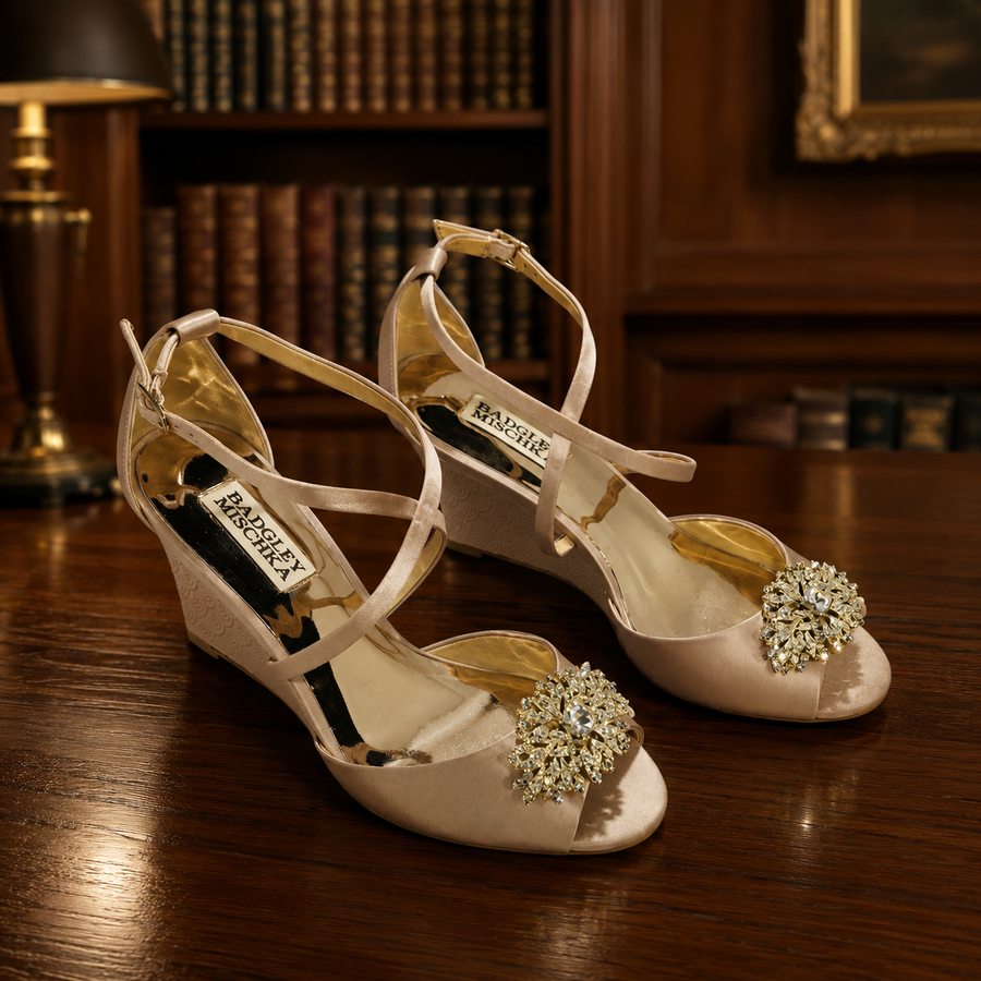 Badgley Mischka blush pink textile platform wedge sandals with ankle straps and crystal-style toe embellishment