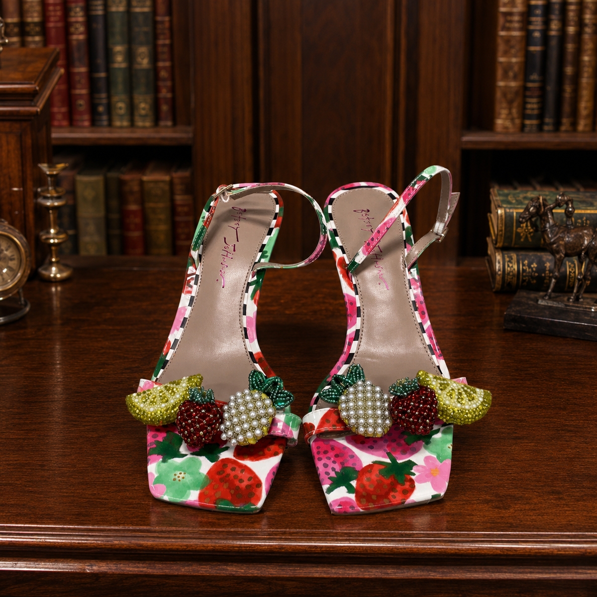 Colorful fruit print kitten heel dress sandals with slim ankle straps and pink heels