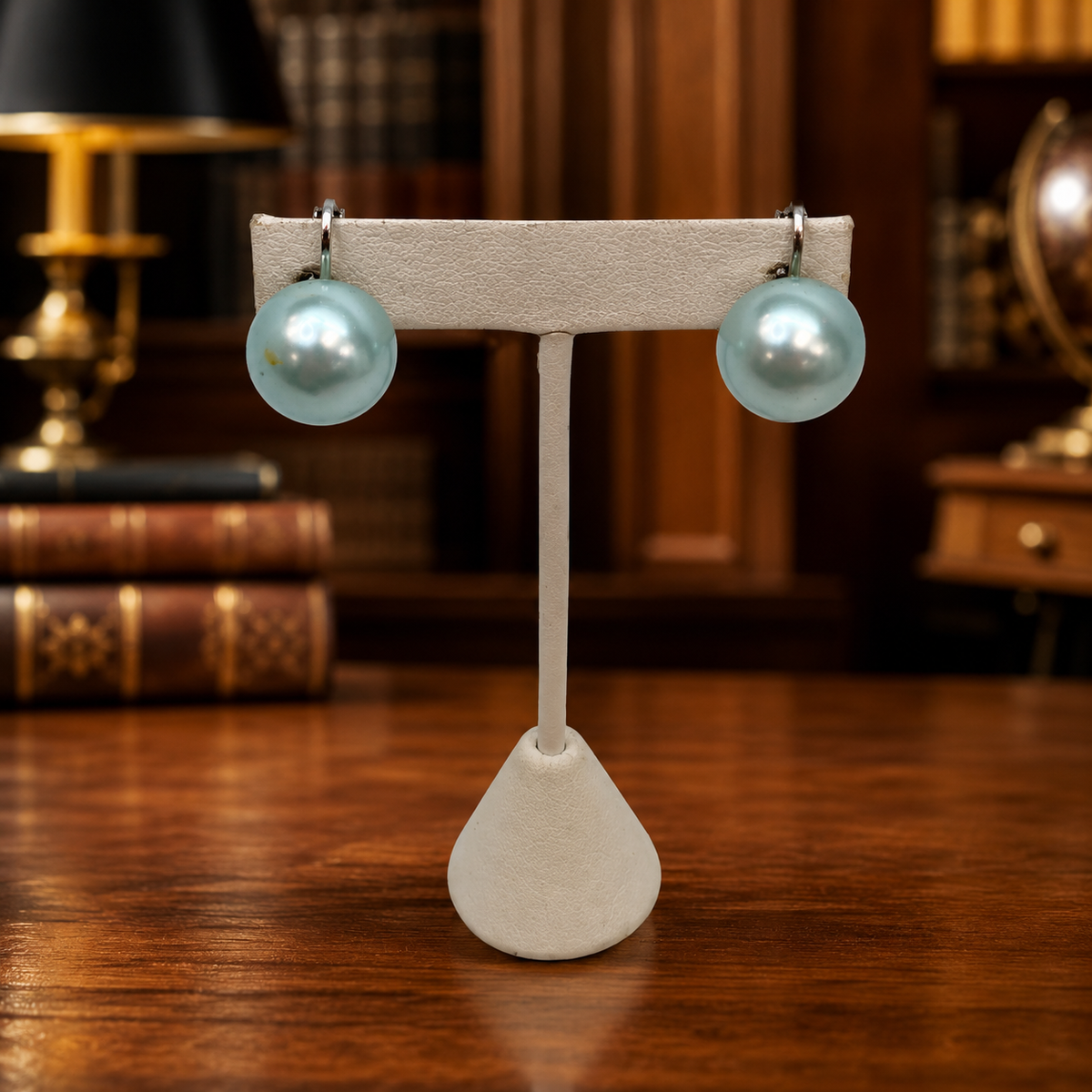 Marvella Light Blue Faux Pearl Clip-On Earrings Gold Tone | Vintage Designer Button Earrings 7.7g