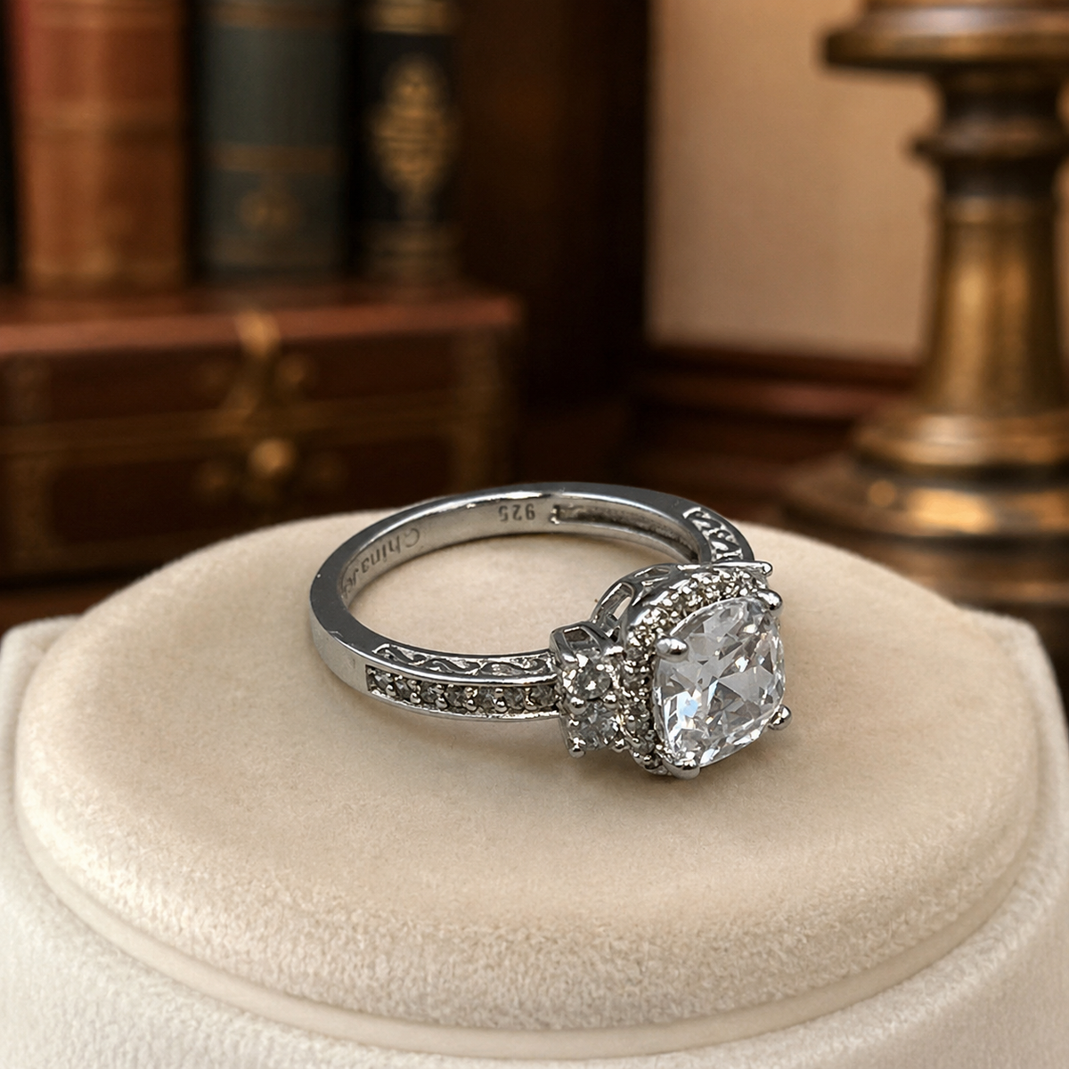 Silver-tone ring with large clear center stone and crystal accents, size 8.5