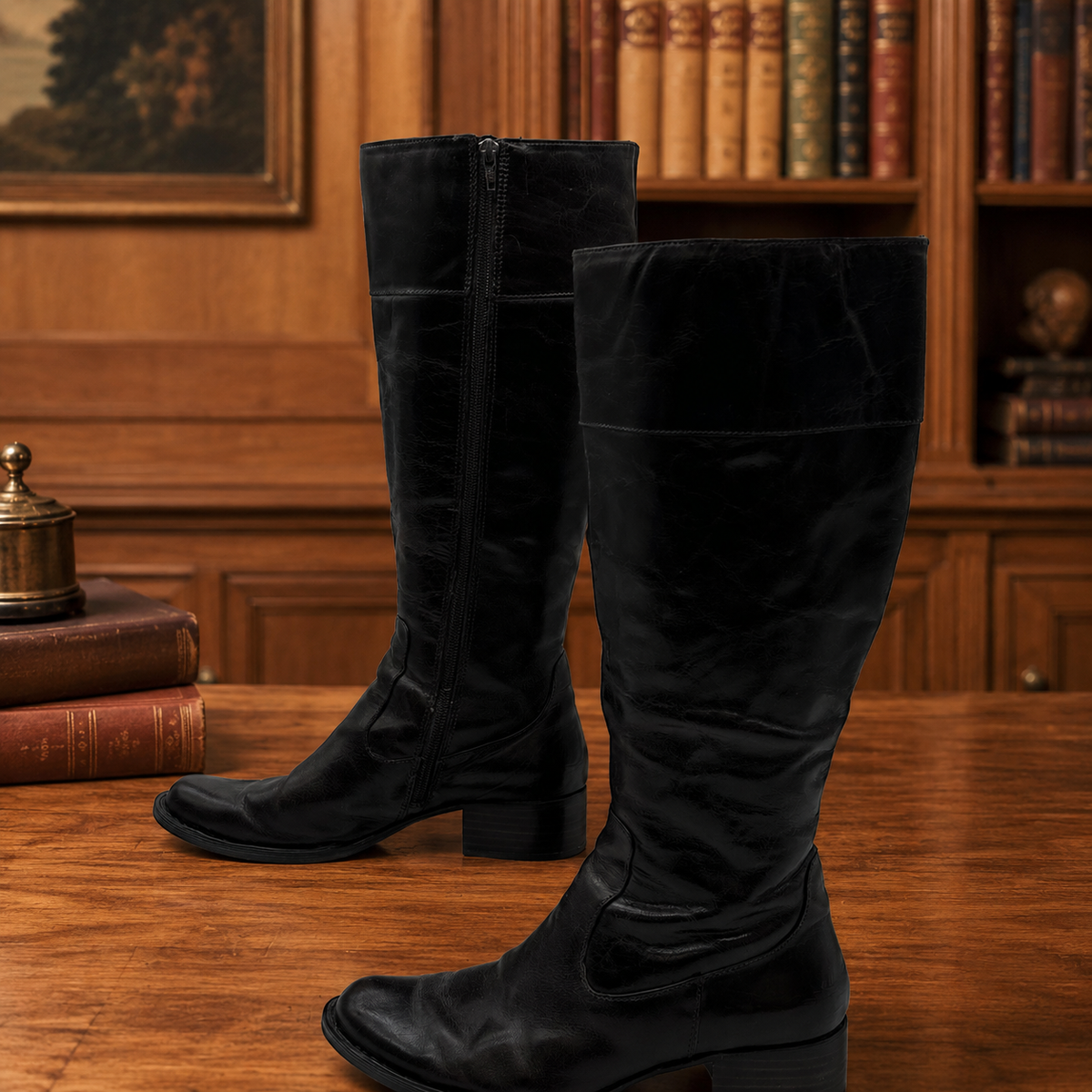 Born Crown black knee-high boots with round toe, side zip and low stacked heel