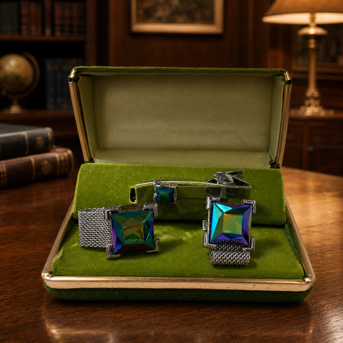 Silver-tone tie clip and mesh wrap cufflinks with square iridescent glass stones in presentation box