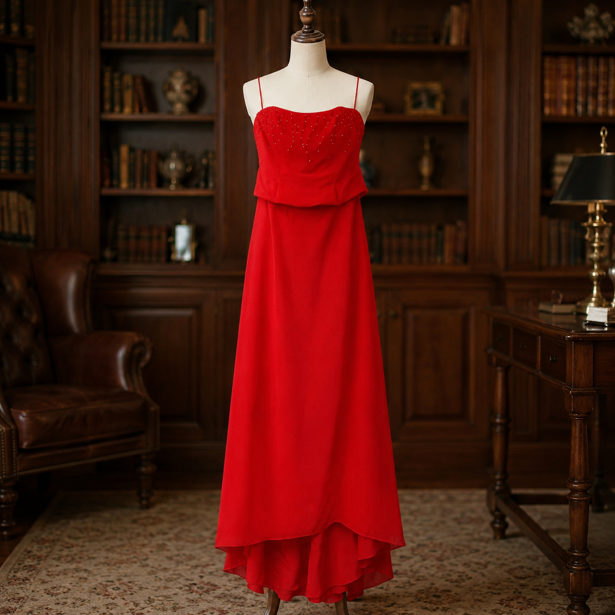 Red strapless formal dress with draped bodice, beaded detail and high-low hem