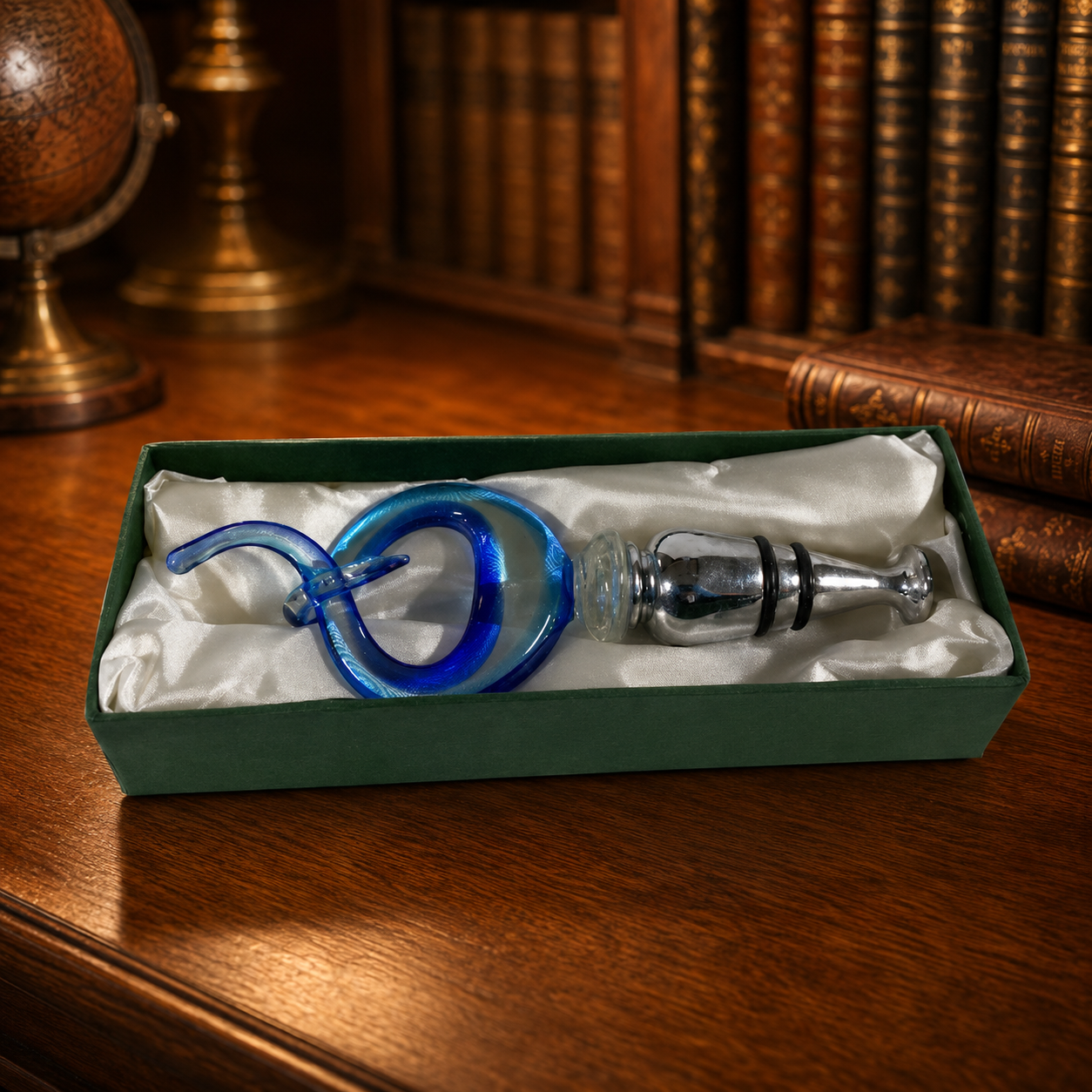 Murano-Style Blue Swirl Art Glass Bottle Stopper, Hand Blown Wine Stopper in Box