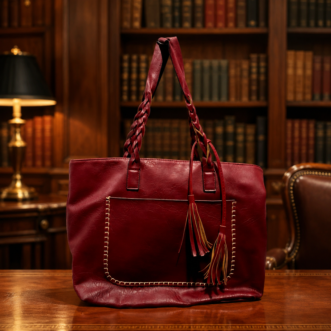 Weimeibaige Red Leather Tote Bag, Large Structured Shoulder Handbag with Braided Handles