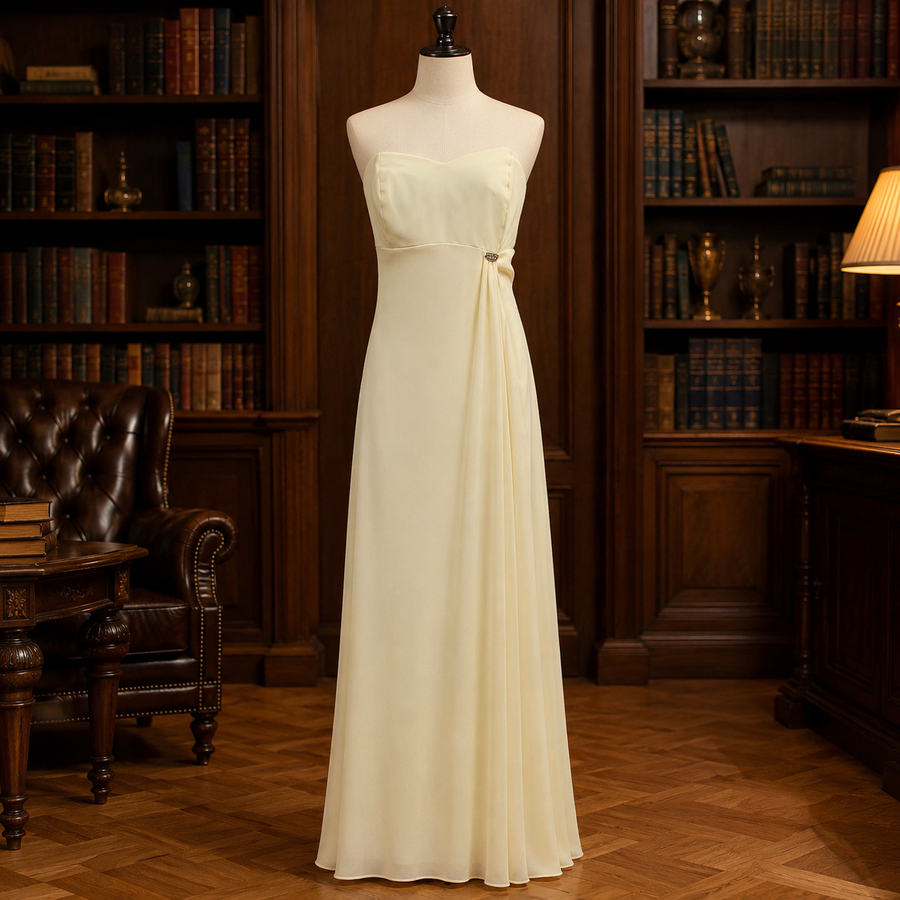 Soft yellow strapless formal gown with fitted bodice and rhinestone accent at the side waist
