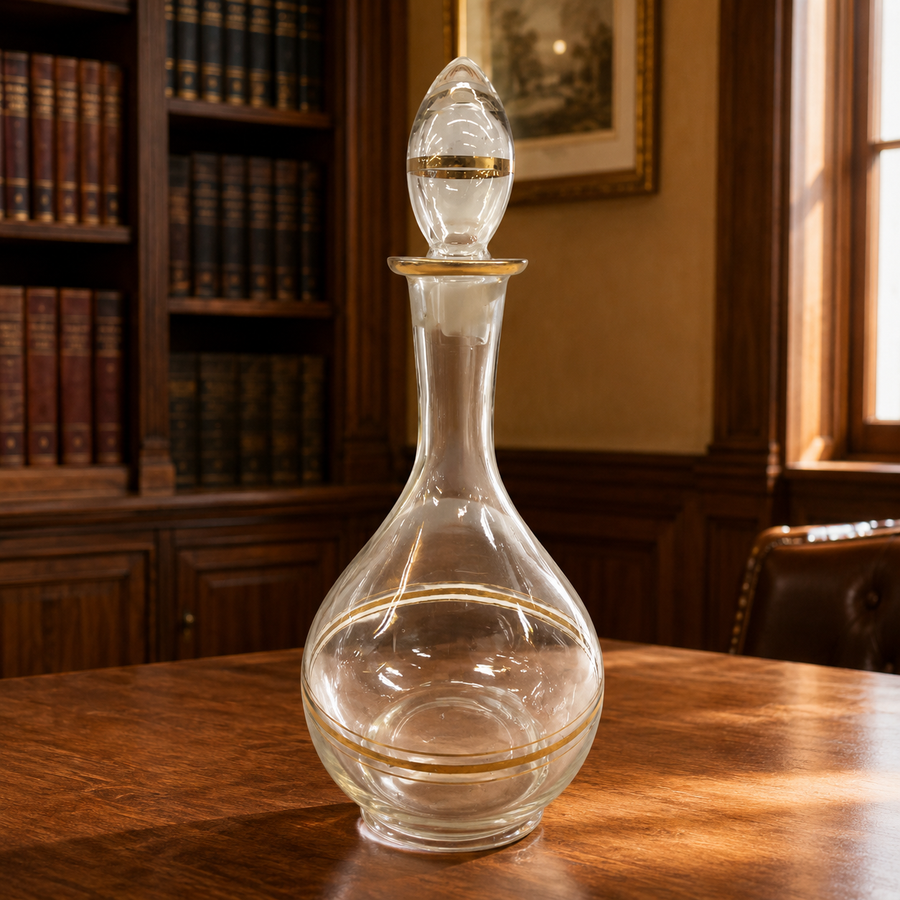 Clear glass decanter with gold accent bands and matching stopper