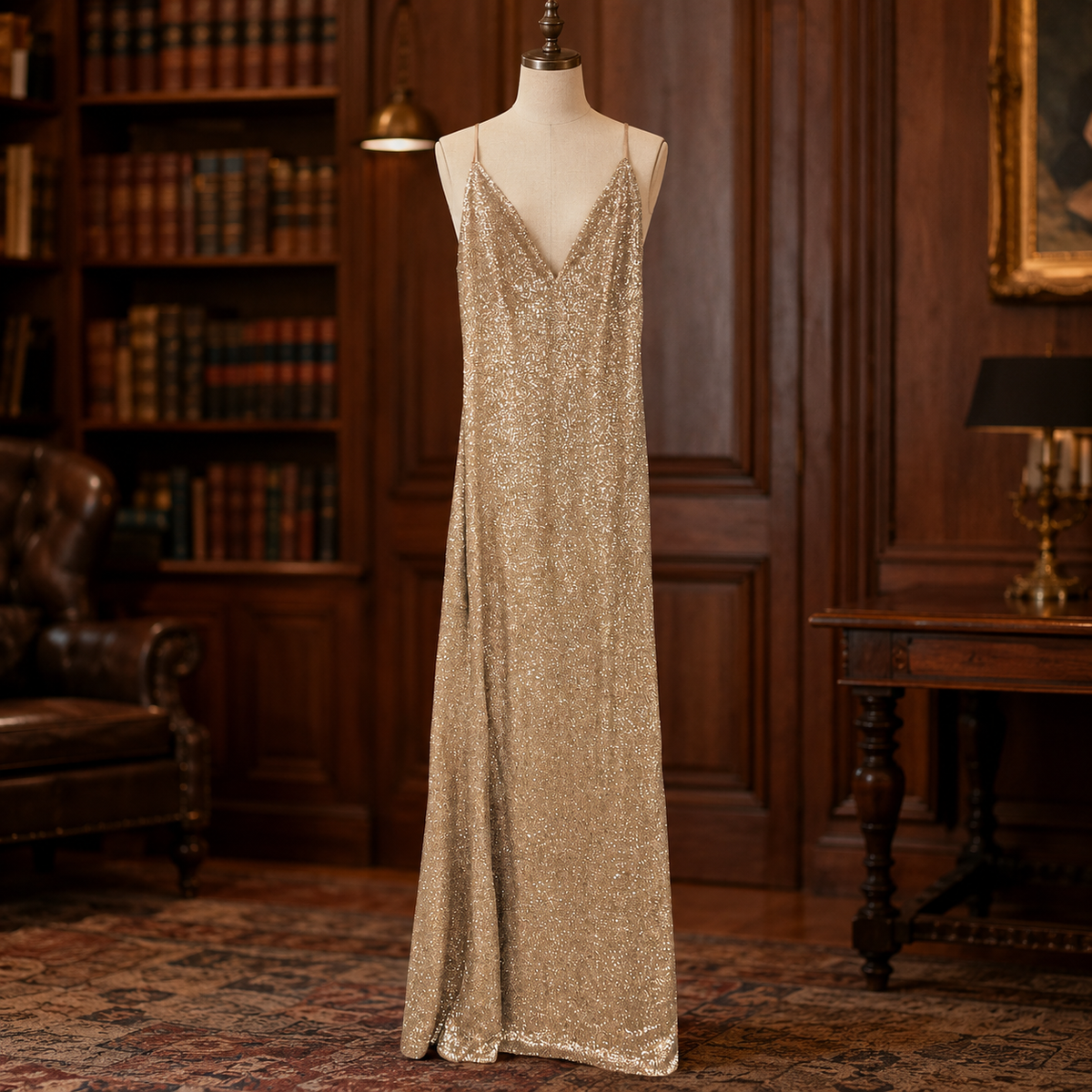 BCBGMAXAZRIA copper sequin long formal gown with V neckline and draped bodice