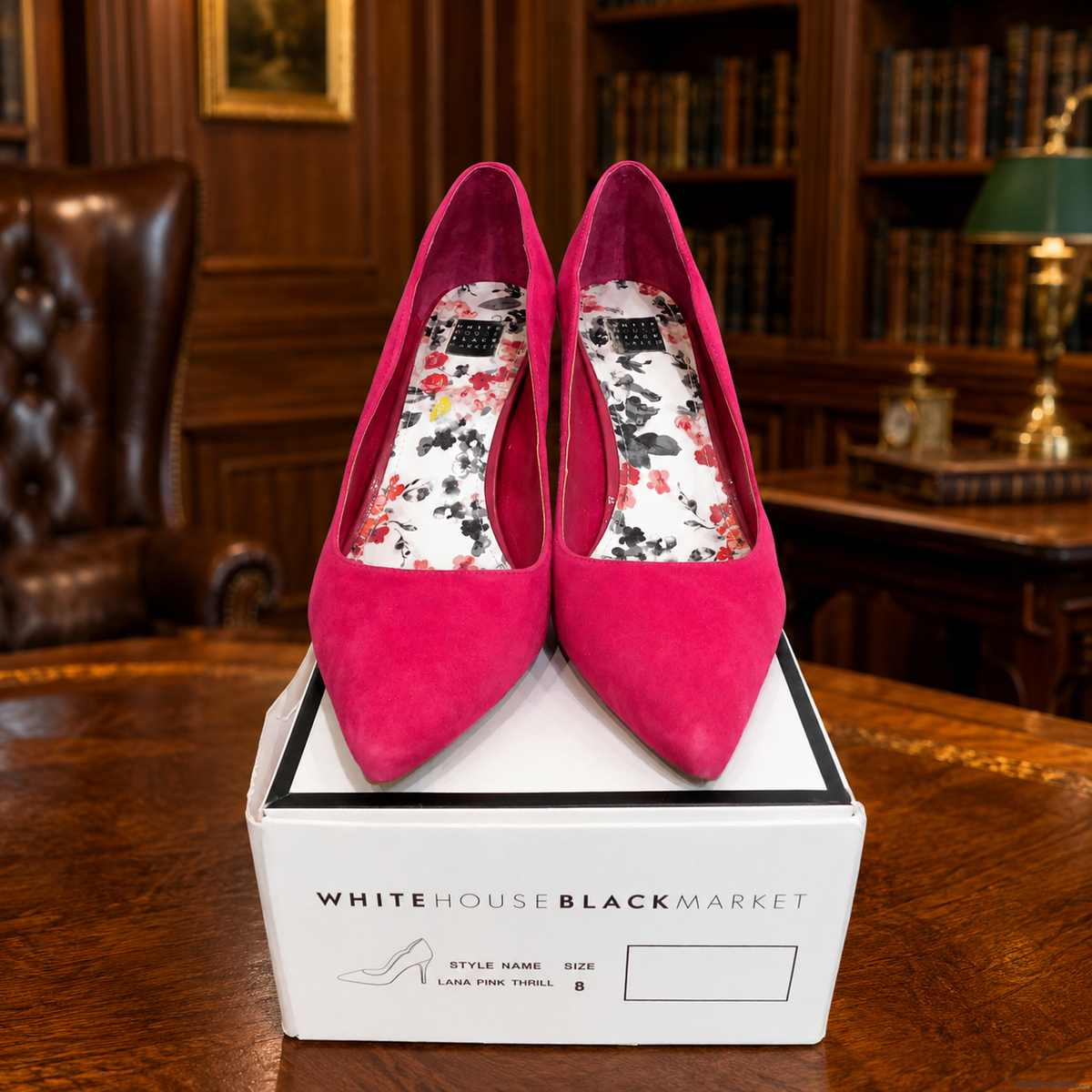 White House Black Market bright pink scalloped pointed-toe pumps with floral insoles
