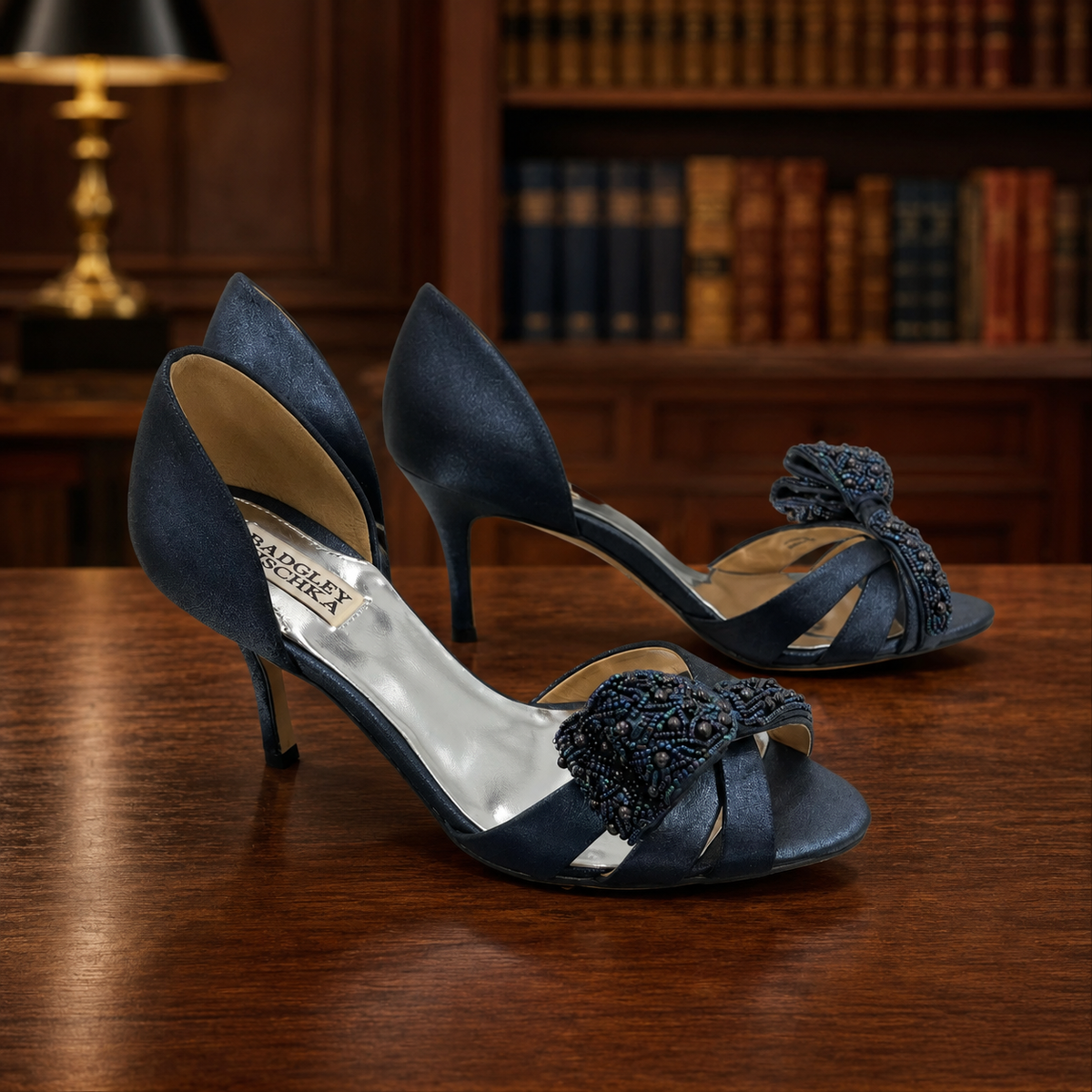 Badgley Mischka dark blue open-toe heels with beaded bow at the toe
