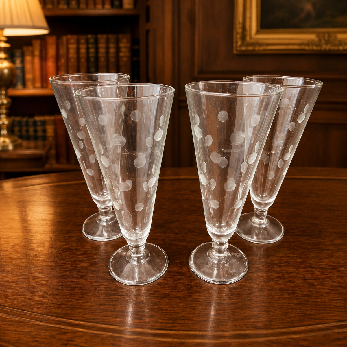 Four footed clear glasses with frosted coin dot pattern