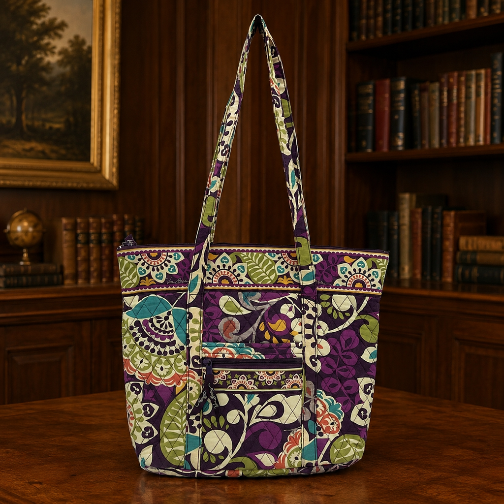 Vera Bradley Purple Green Floral Quilted Fabric Tote Bag | Colorful Shoulder Purse