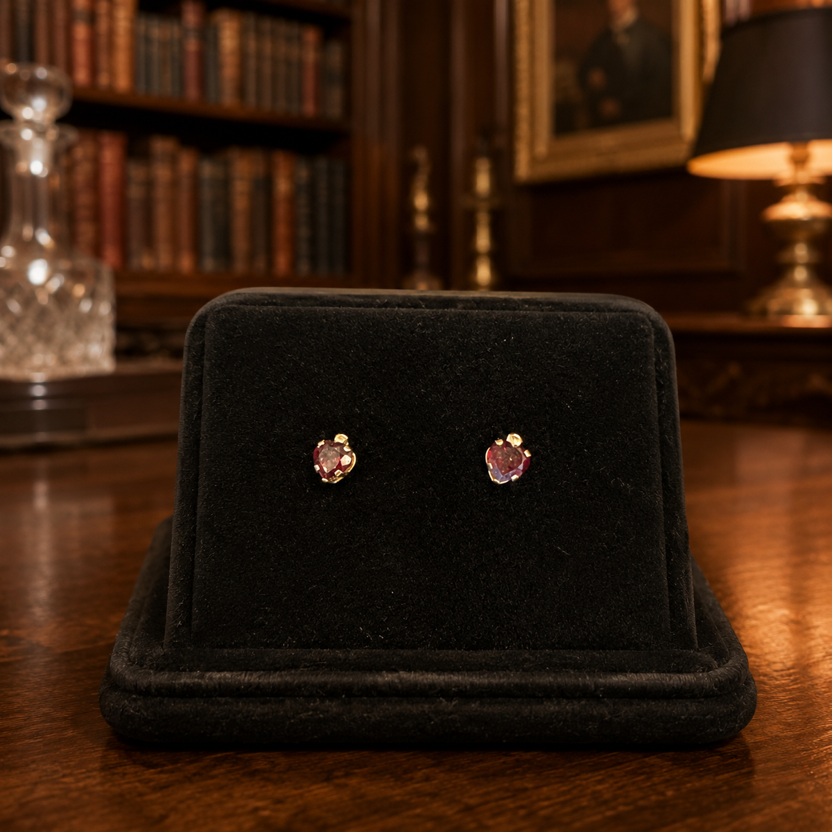 Petite heart post earrings listed as 10K yellow gold, with red and clear stones
