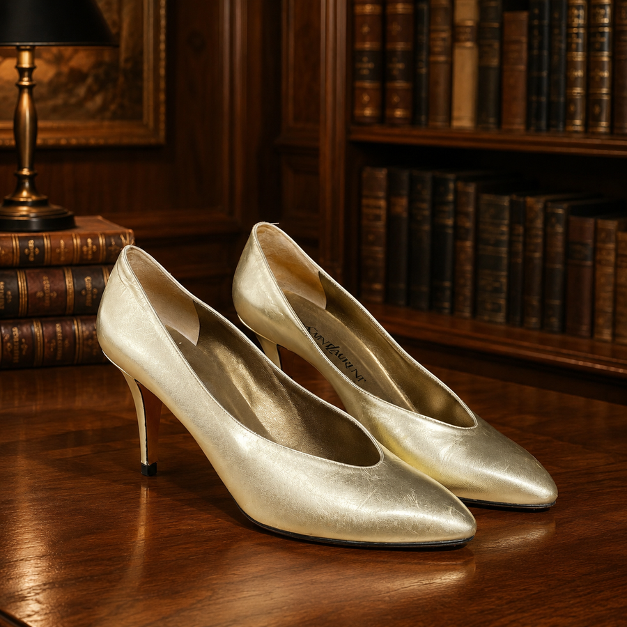 Yves Saint Laurent metallic gold pointed-toe pumps with slim heels