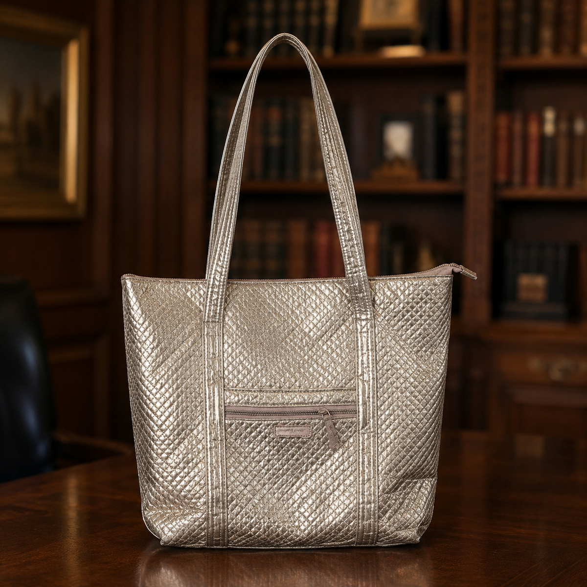Rose gold metallic large tote with front patch pockets and pink and black floral lining